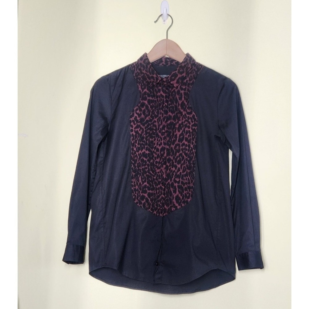 The Kooples Button Up Shirt Womens XS Black Burgundy Leopard Print Rock Edgy